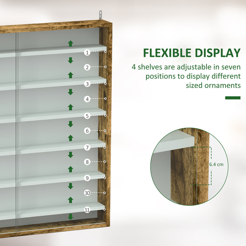 Rustic Brown 7 Tier Wall Display Cabinet With Glass Doors and Adjustable Shelves by HOMCOM