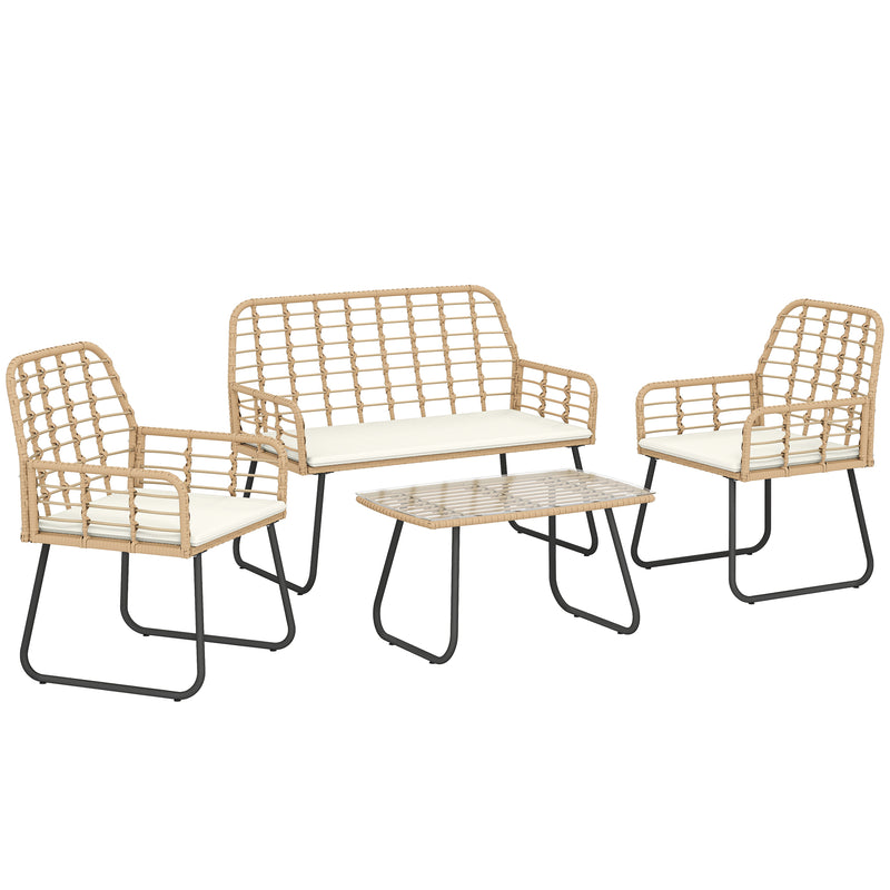 Rattan Garden Furniture Set with Cushions and Coffee Table for Patio or Balcony Natural Wood Outsunny