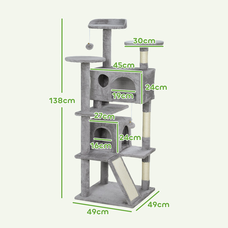 Light Grey 138cm Multi Level Cat Tree With Condos Scratching Posts And Hanging Toys