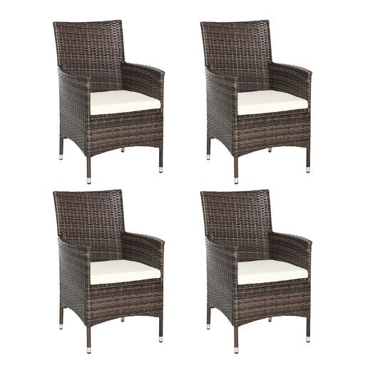 Set of 4 Brown Rattan Garden Dining Chair Set With Cream Cushions Ideal For Patio Or Outdoor Lounging