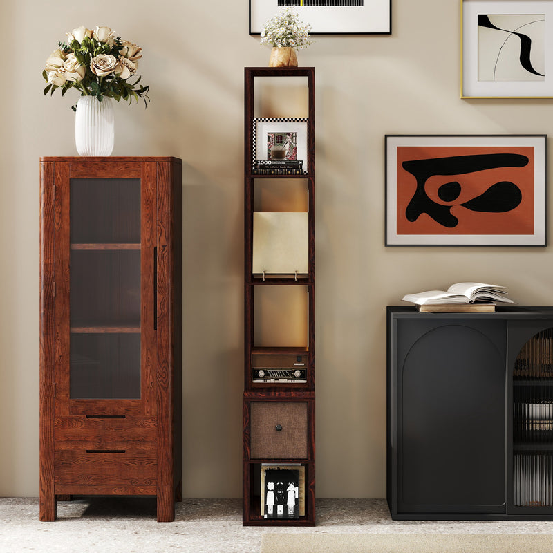 LED Floor Lamp with Storage Shelves and Fabric Drawer for Living Room or Bedroom Dark Brown