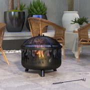 Black Steel Fire Pit BBQ With Poker For Garden Heating And Outdoor Cooking