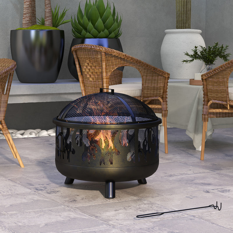 Black Steel Fire Pit BBQ With Poker For Garden Heating And Outdoor Cooking