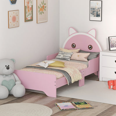 Toddler Cat Bed Frame with Guardrails for Ages 3 to 6 Fun Kids Bedroom Furniture, Pink
