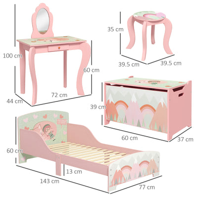 Kids Bedroom Furniture Set with Bed Toy Chest and Dressing Table for Ages 3 to 6 Pink AOSOM