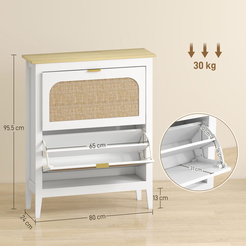 Shoe Storage Cabinet for Narrow Hallways with 2 Flip Drawers and Adjustable Shelves White Oak 80 x 24 x 95.5 cm Homcom