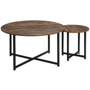 Set of 2 Round Coffee Tables with Metal Frame for Living Room or Bedroom Rustic Brown