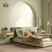 Set of 2 Wall Mounted Bedside Tables with Rattan Panels for Bedroom Storage Wood Effect