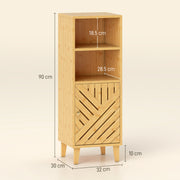 Slim Freestanding Bathroom Cabinet With Bamboo Door And Open Shelves For Storage, Natural Wood Finish