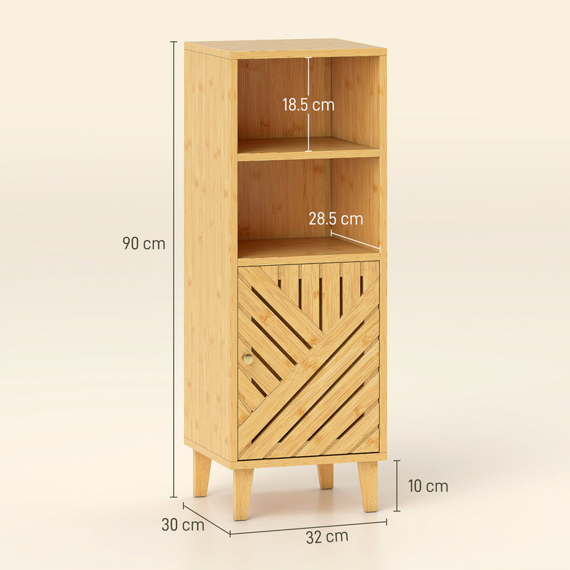 Slim Freestanding Bathroom Cabinet With Bamboo Door And Open Shelves For Storage, Natural Wood Finish