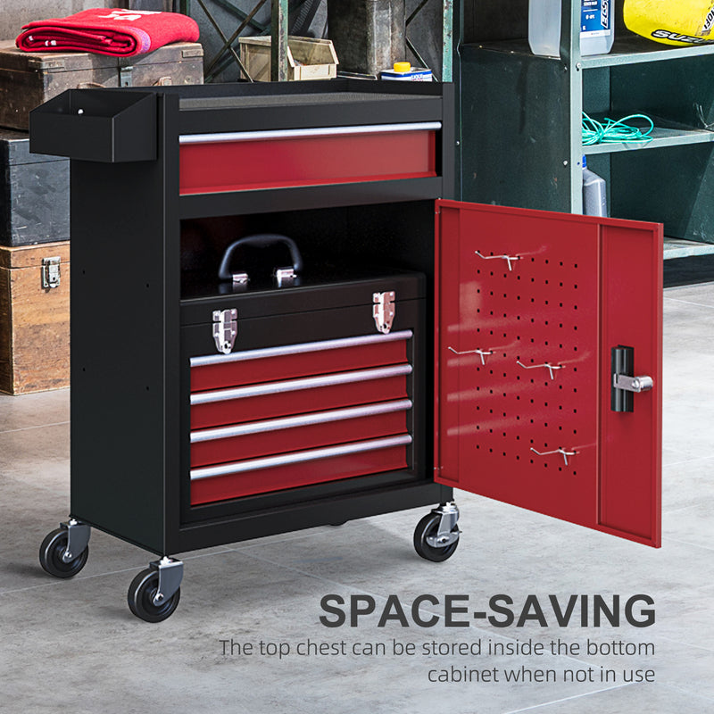 Rolling Tool Storage Chest with Two-Part Design for Garage or Workshop Black Red