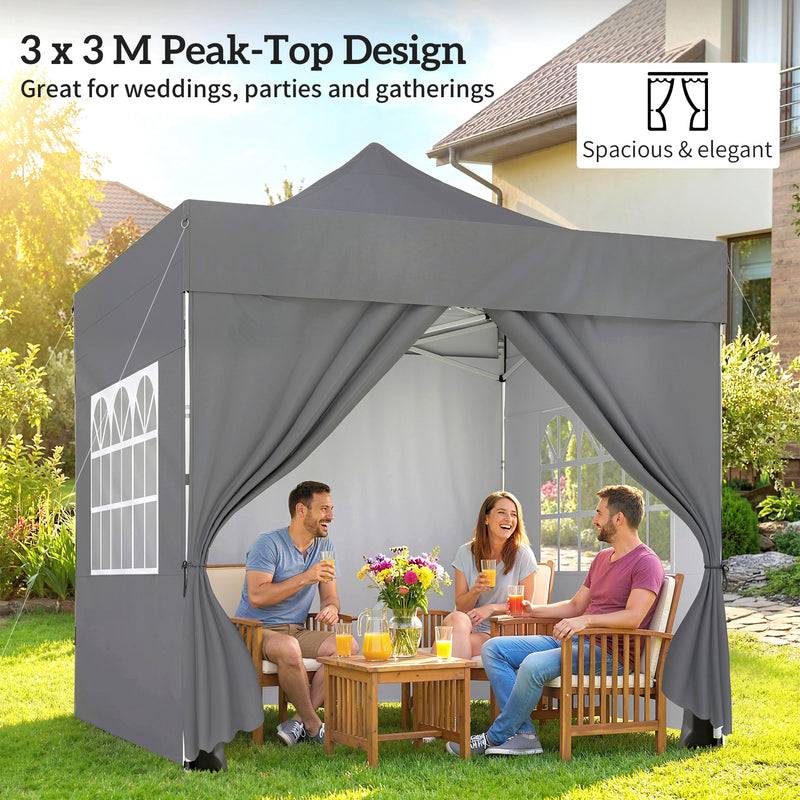 UPF50+ Pop Up Gazebo 3 x 3 m with Removable Sidewalls for Outdoor Parties and Events Outsunny