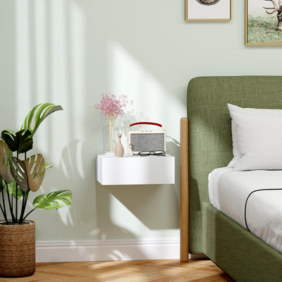 Wall Mounted Bedside Table with Drawer for Small Bedroom Storage and Space Saving, White