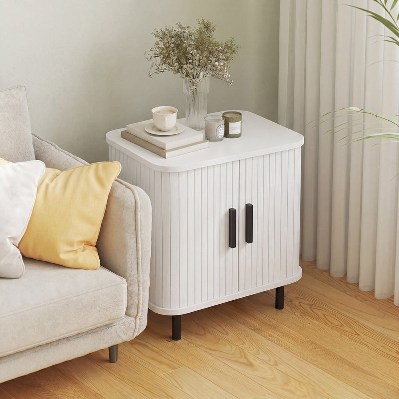 Bedside Table with Sliding Tambour Door, Two Shelves, Black Metal Legs for Organised Bedroom Storage White Wood Effect