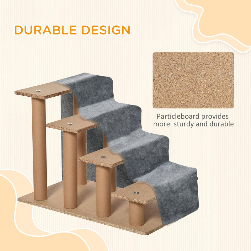 Four Step Pet Stairs with Washable Plush Cover for Small Dogs and Cats Light Grey AOSOM