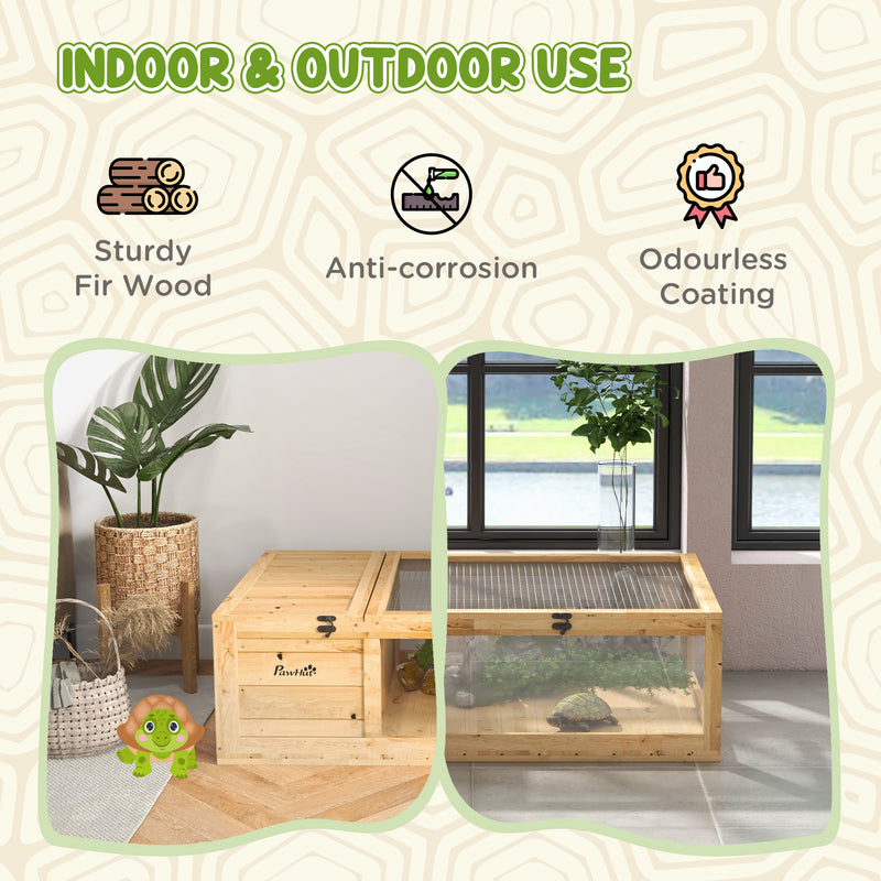 Wooden Tortoise and Reptile House with Mesh Roof Ideal for Outdoor Use, Natural Finish