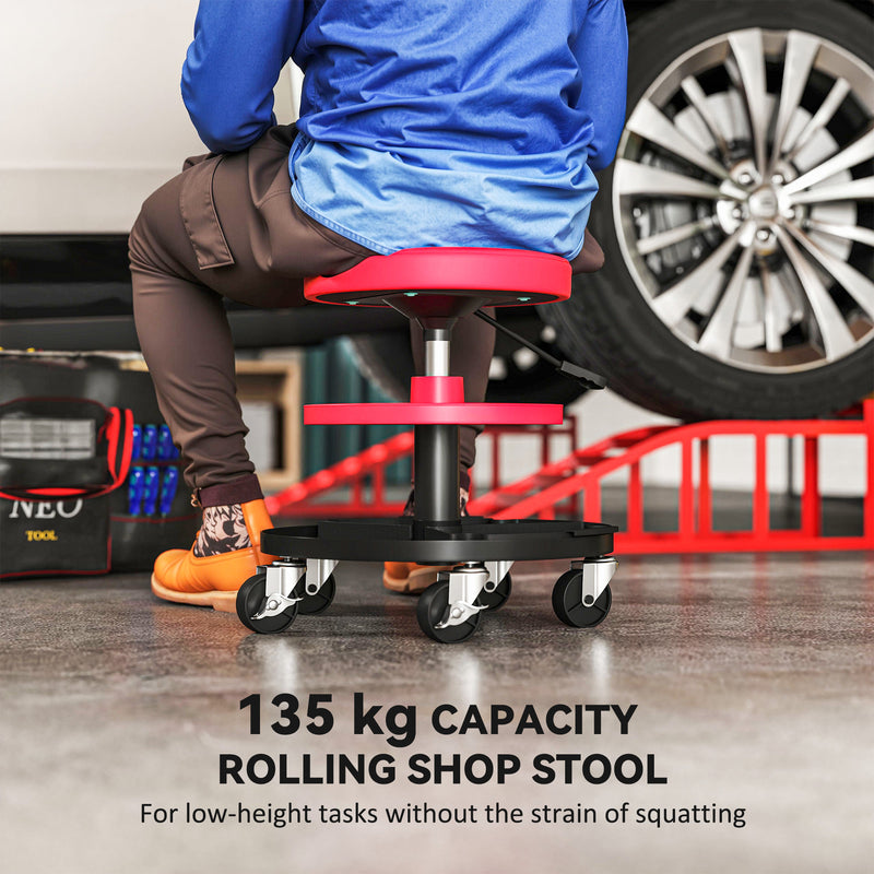 Mechanic Roller Stool with Adjustable Height and Tool Trays for Garage or Workshop Red AOSOM