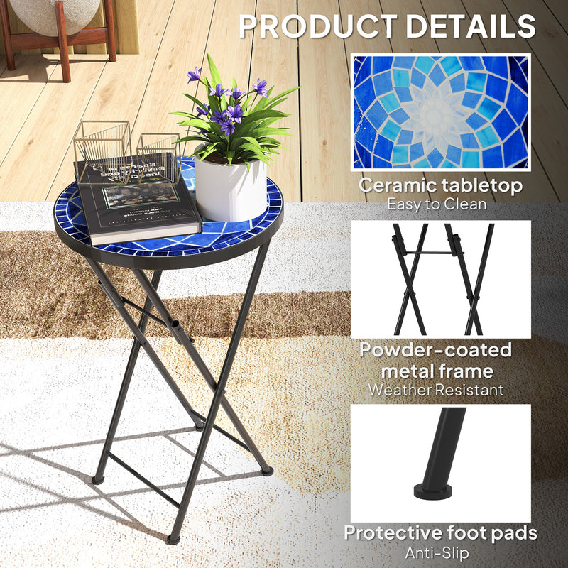 Folding Mosaic Garden Table for Patio or Balcony with Ceramic Top Navy Blue Outsunny