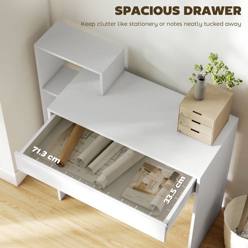 Compact Computer Desk with Shelves and Drawer for Small Spaces White AOSOM