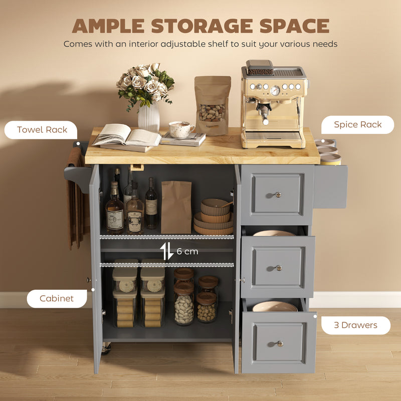 Grey Mobile Kitchen Island Trolley With Drop Leaf, Storage Shelves, Drawers, and Rubber Wood Counter Top For Easy Meal Prep