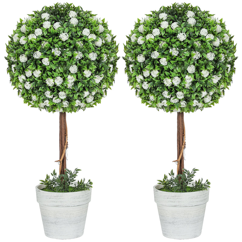 Set of 2 Artificial Topiary Trees with White Roses 60cm for Indoor and Outdoor by HOMCOM