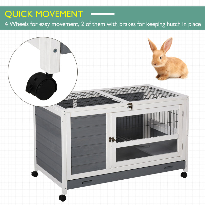 Elevated Wooden Rabbit Hutch with Slide Out Tray for Indoor Use Guinea Pig Cage Grey AOSOM