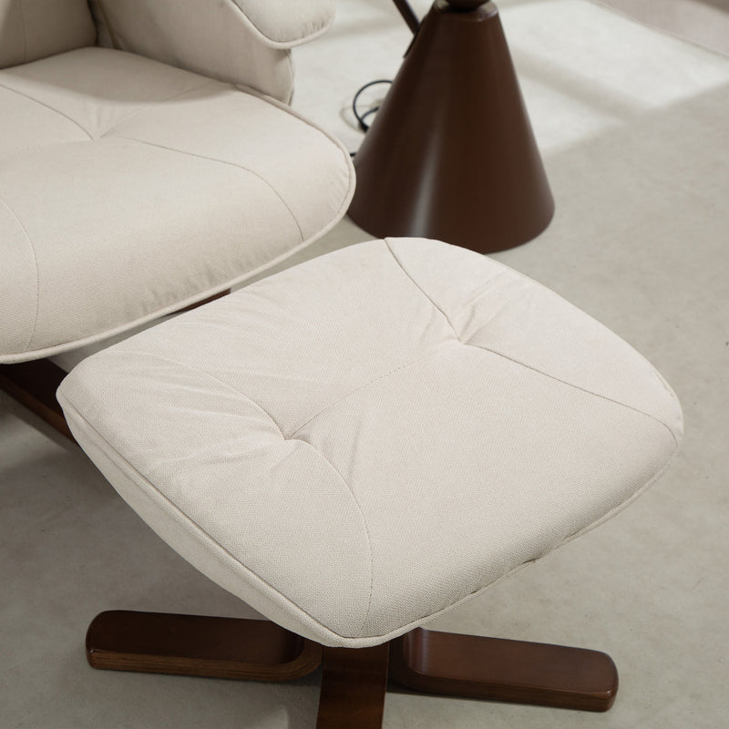 Linen Swivel Recliner Armchair with Footstool and Wooden Base for Living Room Comfort Beige