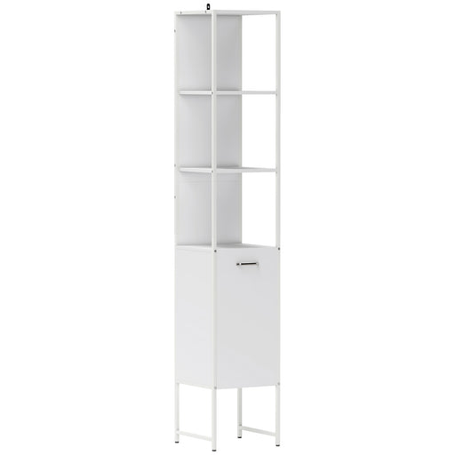 Tall White Bathroom Storage Cabinet With Open Shelves And Adjustable Interior Shelf
