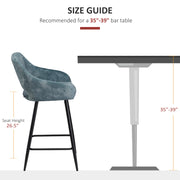 Set of 2 Blue Velvet Bar Stools with Steel Legs for Kitchen Island or Dining Area