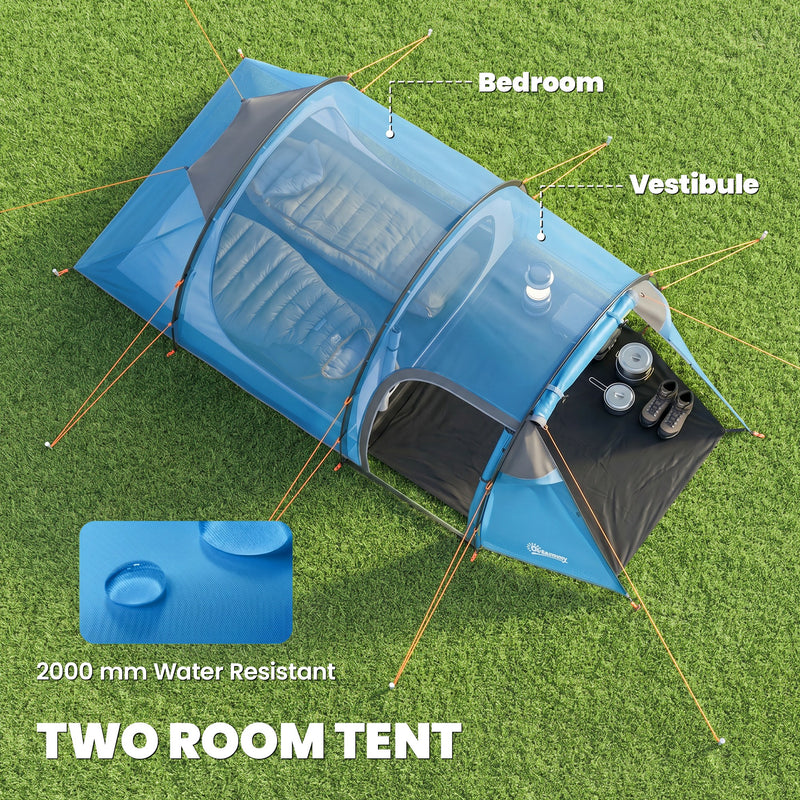Outsunny 2 Room Tent with Vestibule, Weather-Resistant Camping Tent with Air Vents for Fishing Hiking, Sky Blue