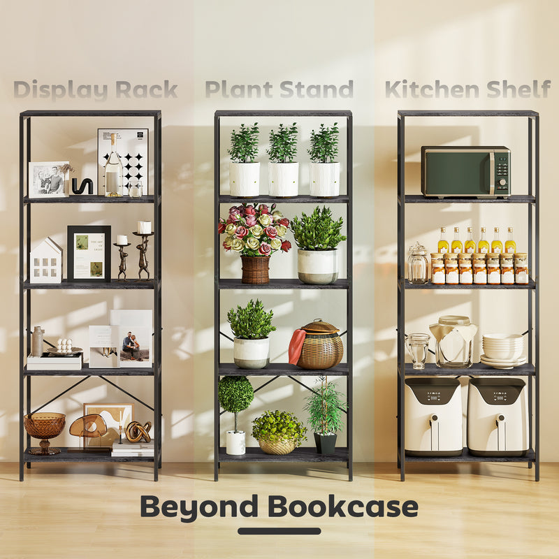 5 Tier Industrial Style Bookcase With Sturdy Metal Frame For Home Office Storage Dark Grey Black AOSOM