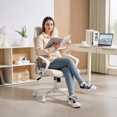Cream High Back Fabric Office Chair With Padded Seat For Home Or Work Comfort
