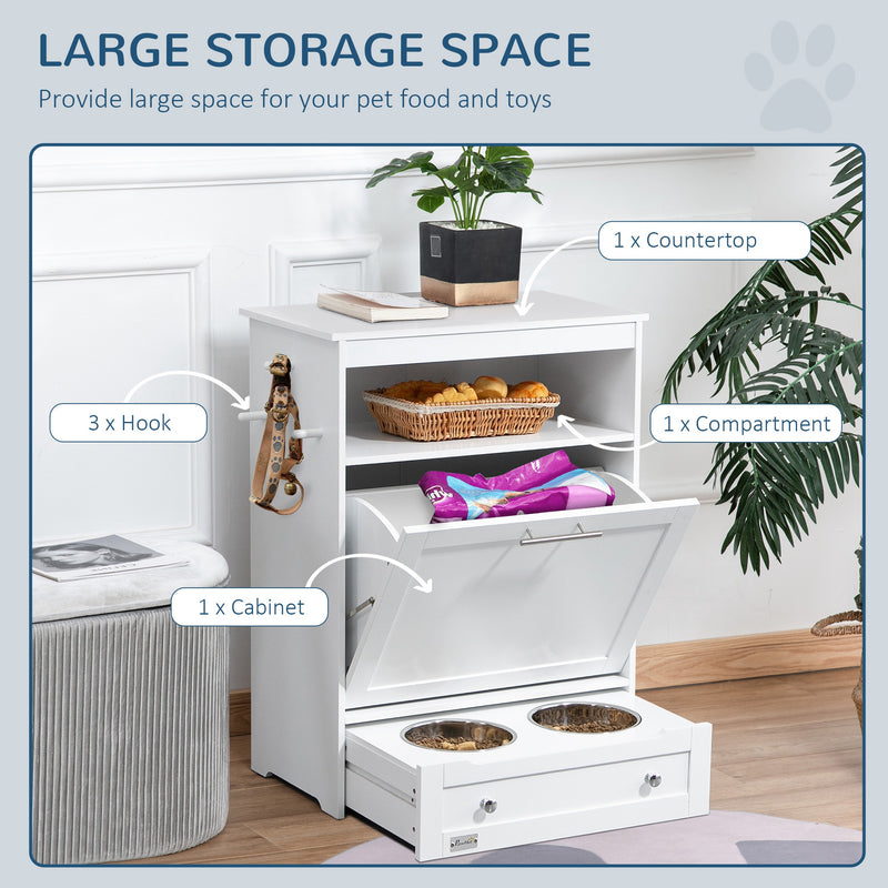 Pet Feeder Station with Raised Bowls Storage Cabinet and Hooks for Dogs and Cats, White