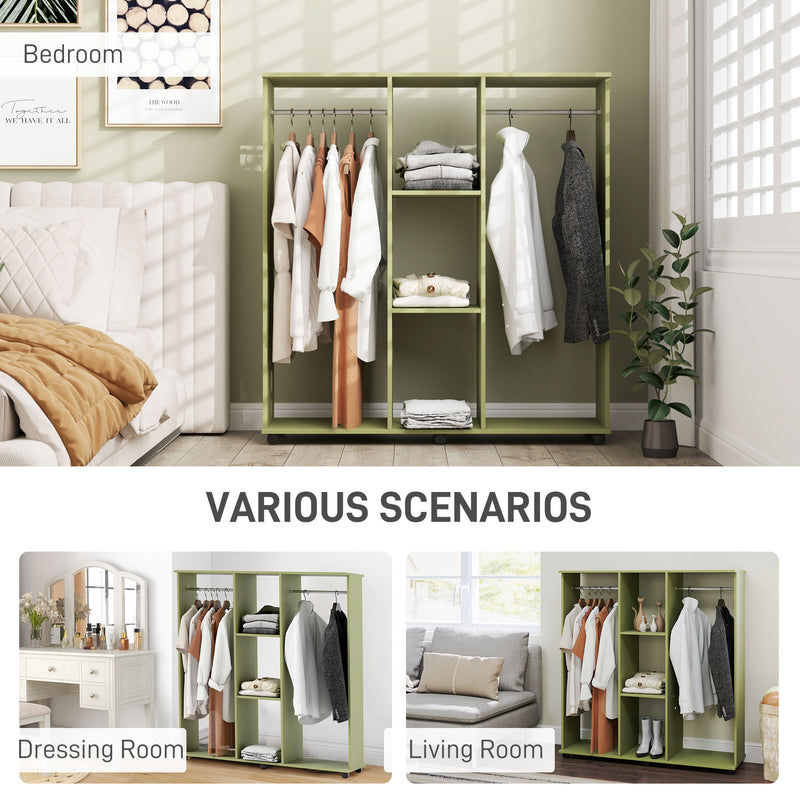 Green Double Open Wardrobe with Mobile Storage Shelves and 6 Wheels by HOMCOM