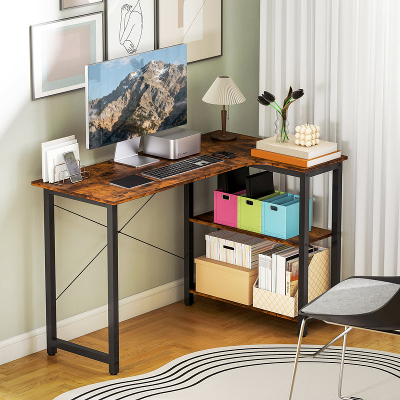 Industrial L Shaped Corner Computer Desk with Built In Bookshelf for Home Office Study Rustic Brown