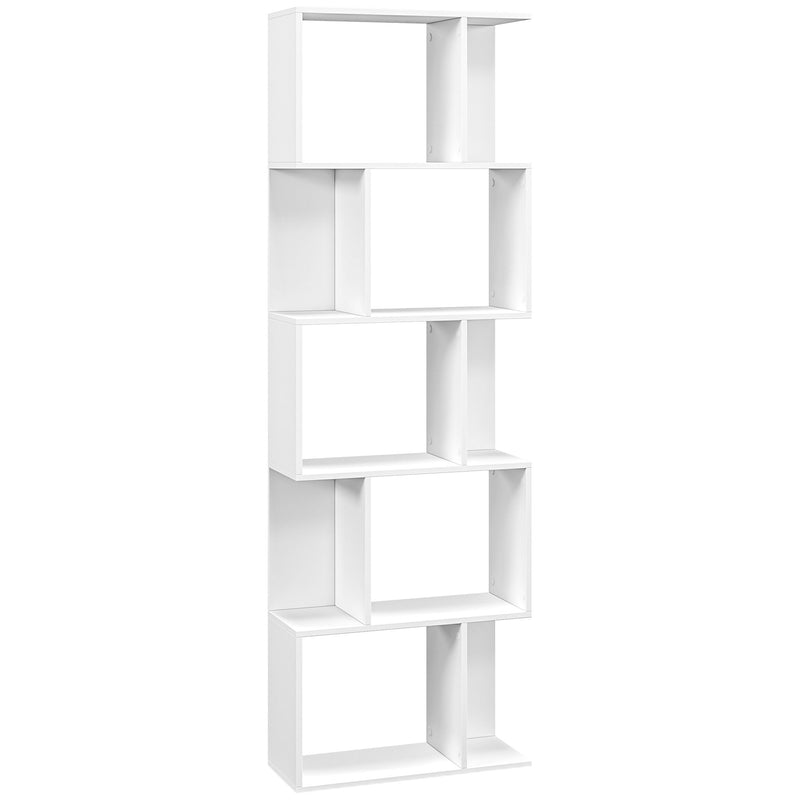 White Bookcase - Modern 5 Tier S Shaped Design For Home Office or Living Room - 60x24x185cm Homcom