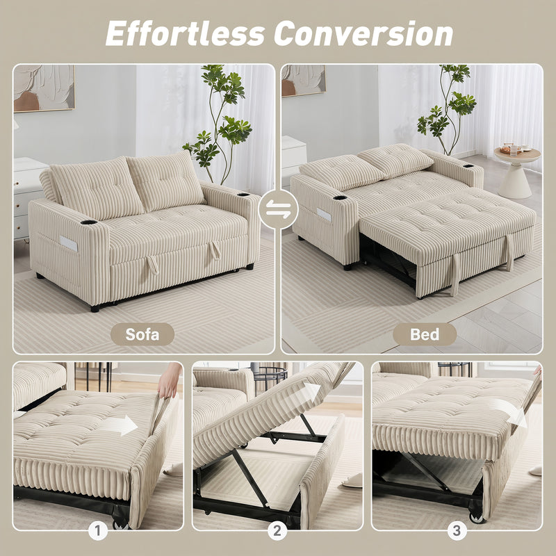2 Seater Pull Out Sofa Bed with Cup Holders and Storage Pockets for Guests Cream White