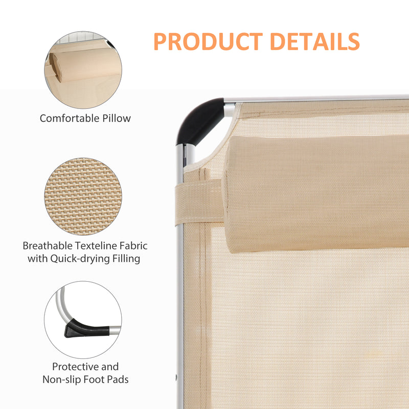 Khaki Foldable Sun Lounger Set With Adjustable Backrest And Pillow For Camping Outdoors