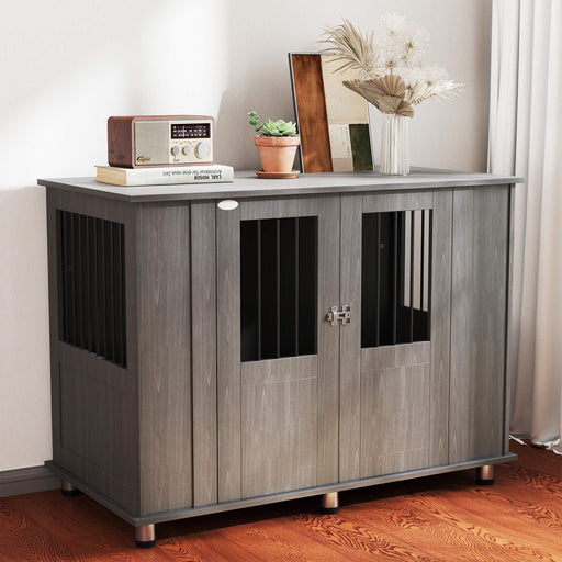 Indoor Wooden Dog Crate Table with Magnetic Door for Medium and Large Dogs Grey