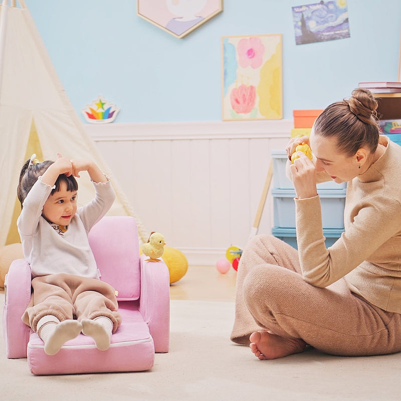 2 in 1 Kids Sofa Bed with Sturdy Wood Frame Ideal for Bedroom or Playroom, Pink