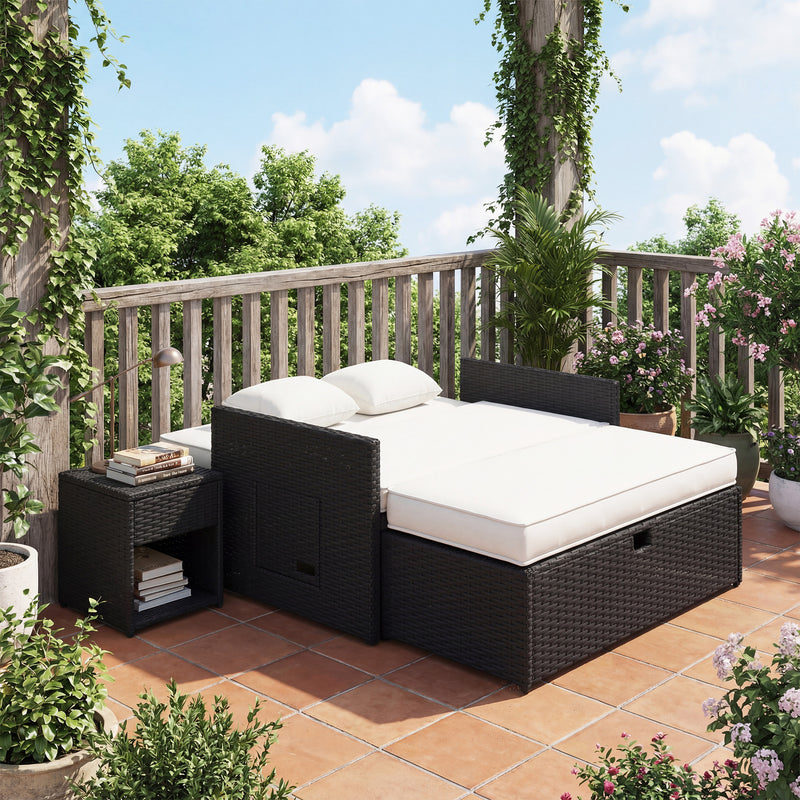 Rattan Garden Day Bed with Adjustable Backrest and Hidden Storage Cream White