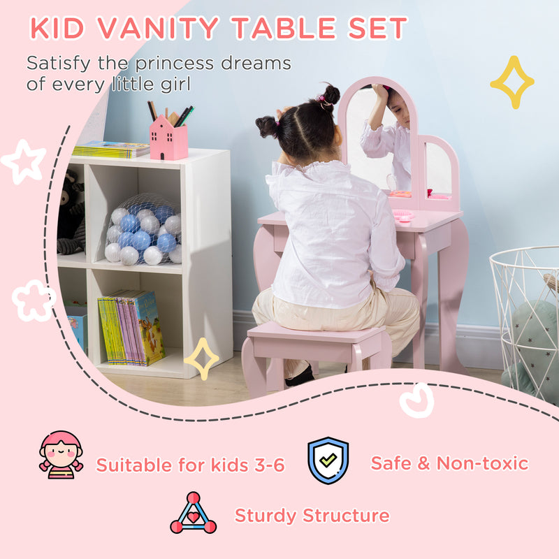 Kids Vanity Dressing Table Set with Mirror and Storage Drawer for Bedroom, Pink