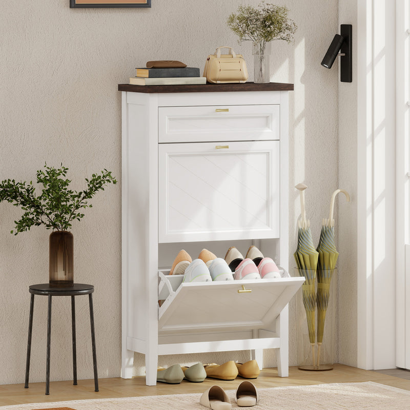 Slim Shoe Storage Cabinet for Narrow Hallways with 2 Flip Drawers and Top Drawer, White Homcom