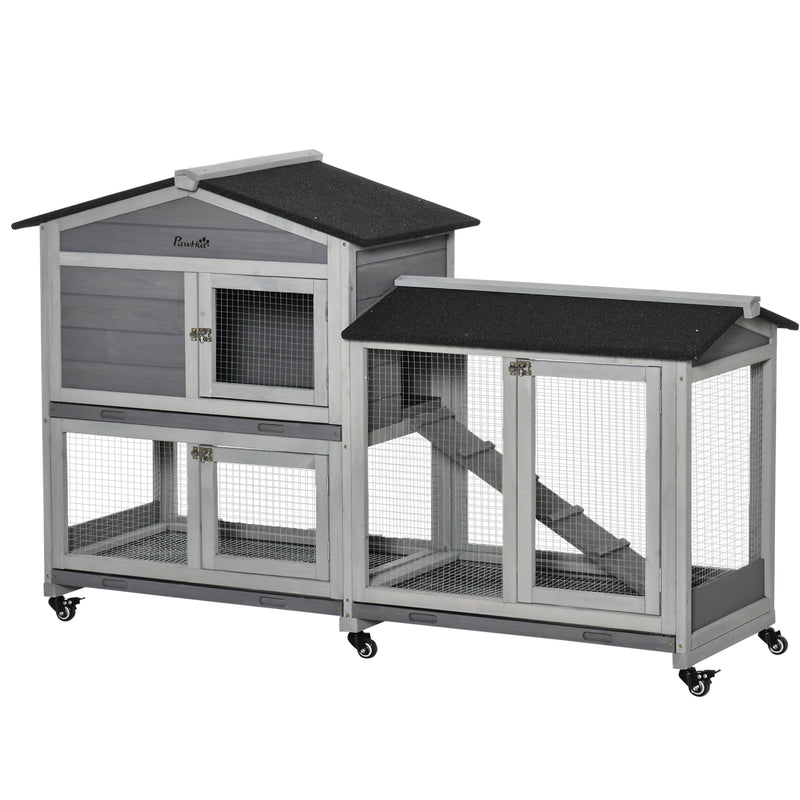 Wooden Rabbit Hutch With Run and Slide Out Tray for Guinea Pigs on Wheels Grey