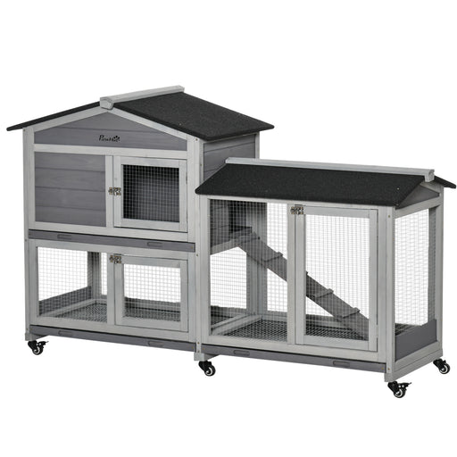 Wooden Rabbit Hutch With Run and Slide Out Tray for Guinea Pigs on Wheels Grey