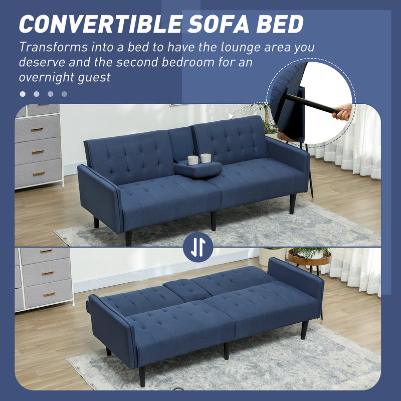 Dark Blue 3 Seater Linen Feel Sofa Bed with Storage and Cupholders by HOMCOM