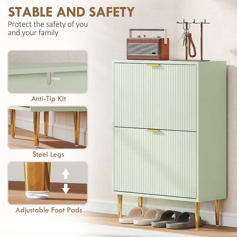 Shoe Cabinet for Hallway Storage with Adjustable Shelves and Flip Drawers Light Green