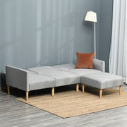 L Shaped Linen Fabric Corner Sofa Bed with Footstool and Wooden Legs for Living Room Light Grey