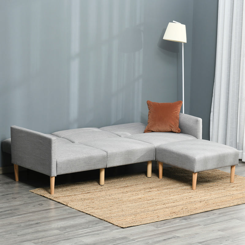 L Shaped Linen Fabric Corner Sofa Bed with Footstool and Wooden Legs for Living Room Light Grey