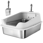 XL Stainless Steel Cat Litter Box with High Sides and Scoop for Easy Cleaning, Silver